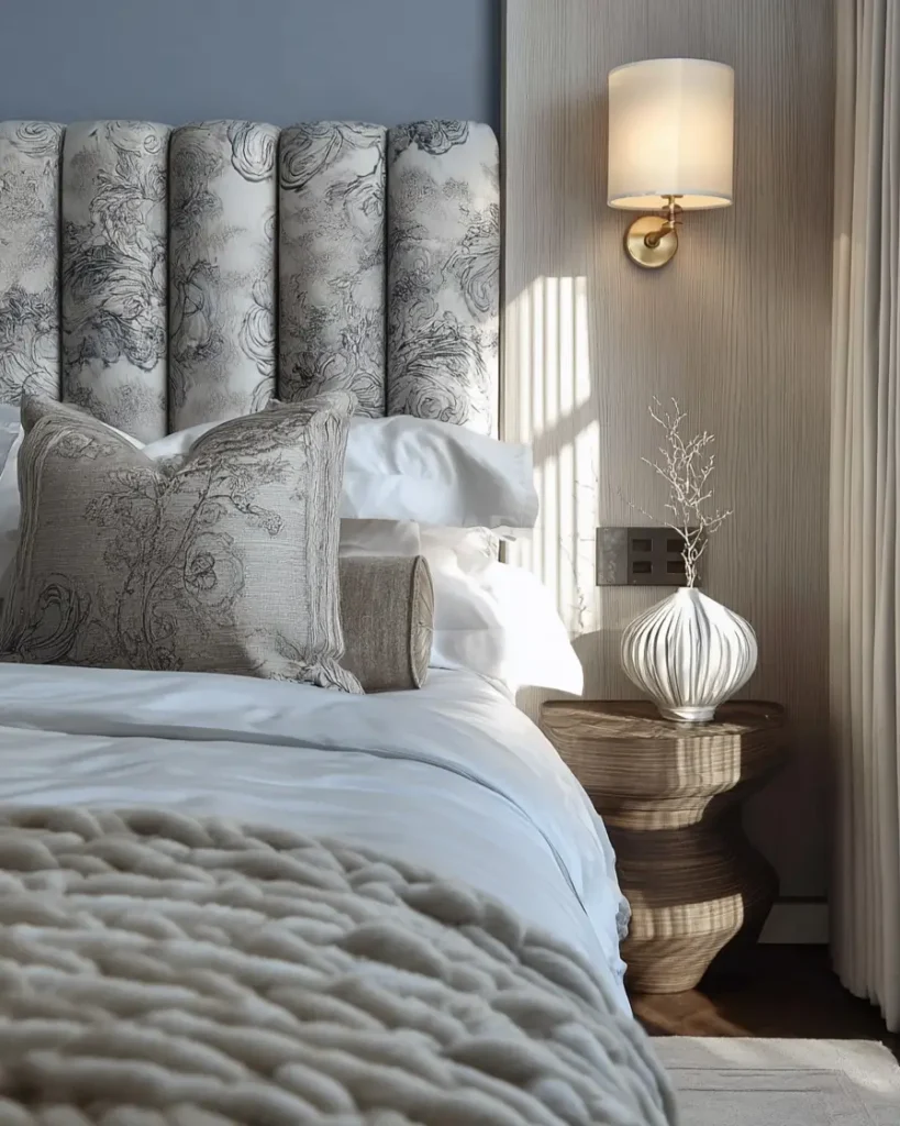49 Headboard Design Ideas That Instantly Elevate Your Bedroom 22 Grey and white toile pattern channel tufted headboard with sculptural wooden nightstand and brass sconce.
