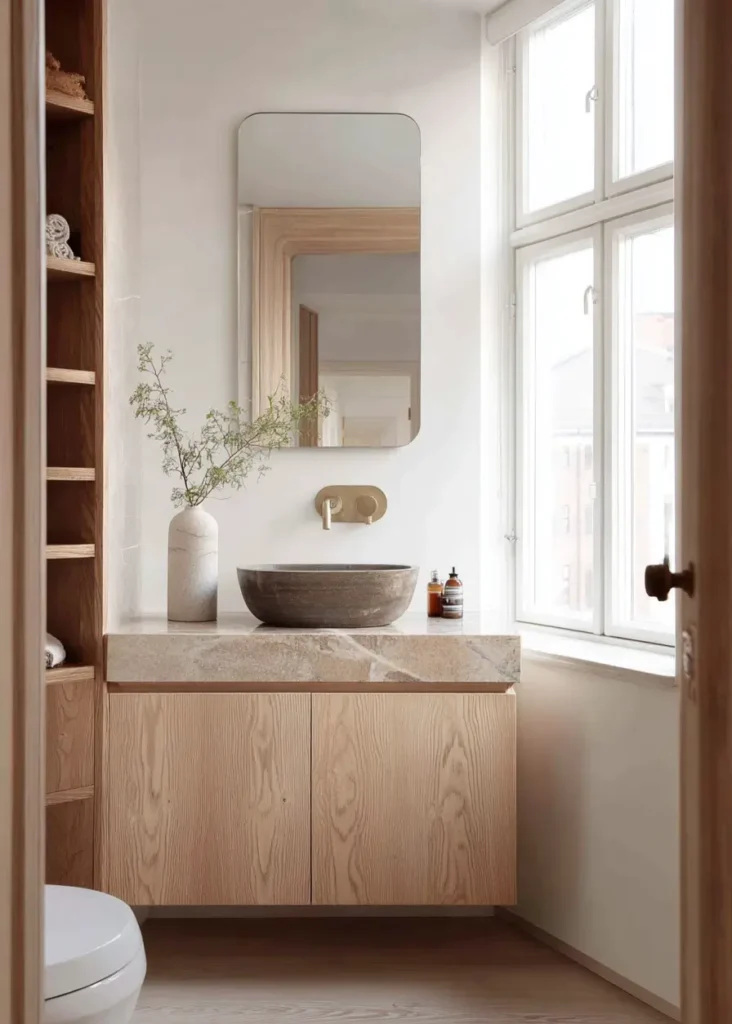 46 Scandinavian Bathroom Design Ideas for a Serene Sanctuary 22 Rough stone vessel sink on marble countertop with light wood vanity in a bright bathroom.