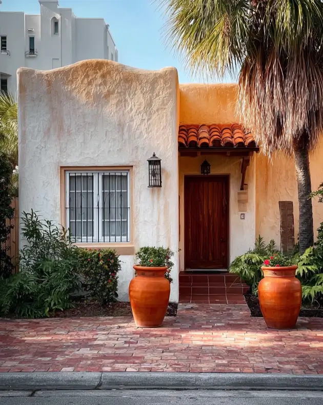 38 Small Mediterranean-Style Homes That Define Coastal Charm 22 Warm peach stucco small Mediterranean home exterior with terracotta urns and a red brick paver walkway.