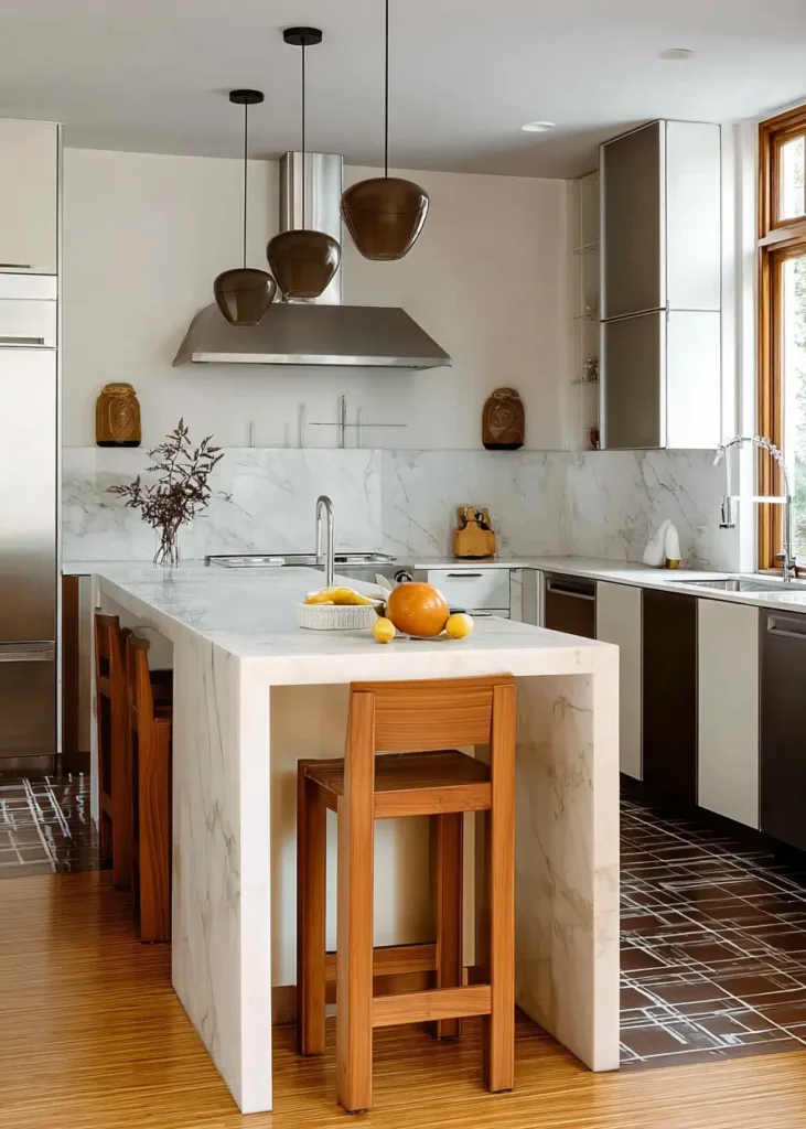 Contemporary Scandinavian kitchen with marble waterfall island and wooden stools.