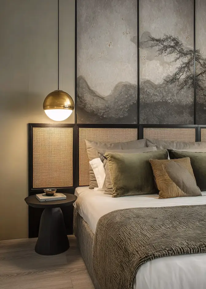 49 Headboard Design Ideas That Instantly Elevate Your Bedroom 23 Dark wood and rattan headboard paired with sepia landscape wall panels and brass lighting.
