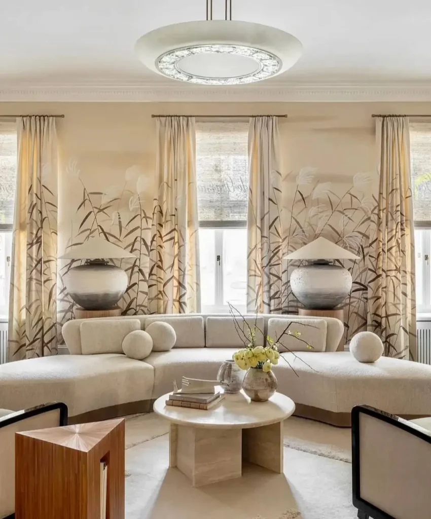 A bespoke living room by Irakli Zaria with a 'Wild Grasses' mural inspired by a Japanese Edo Period screen.