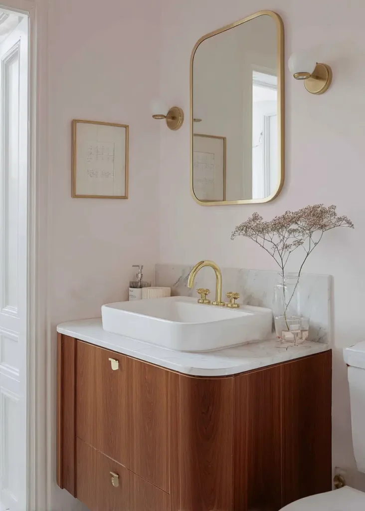 43 Mid Century Modern Small Bathroom Ideas for a Timeless Oasis (2025) 23 Walnut vanity with white marble top and gold fixtures in a pink mid century bathroom.