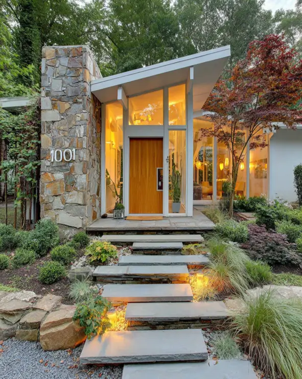 37 Mid Century Modern House Exteriors to Inspire Your Renovation 23 A mid century modern home exterior entryway featuring a large natural stone wall, a wood door, and floating stone steps at dusk.