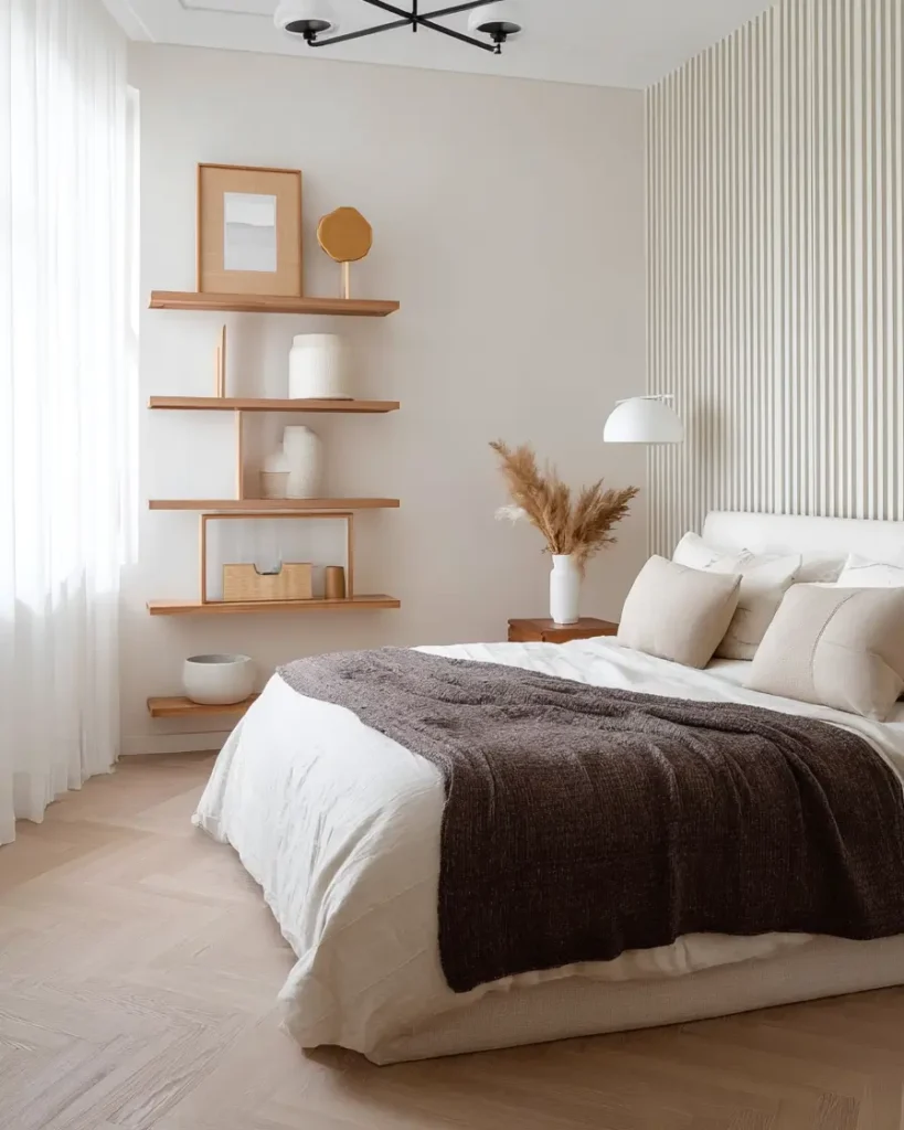 47 Scandinavian Bedroom Interior Design Ideas for a Serene Retreat 23 A modern Scandinavian bedroom with a beige vertical slat wall, herringbone floors, and a dark brown throw.