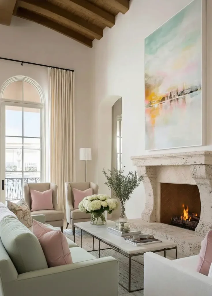 46 Modern Mediterranean Living Room Design Ideas 23 Pastel modern Mediterranean living room decor with mint green and blush pink accents.