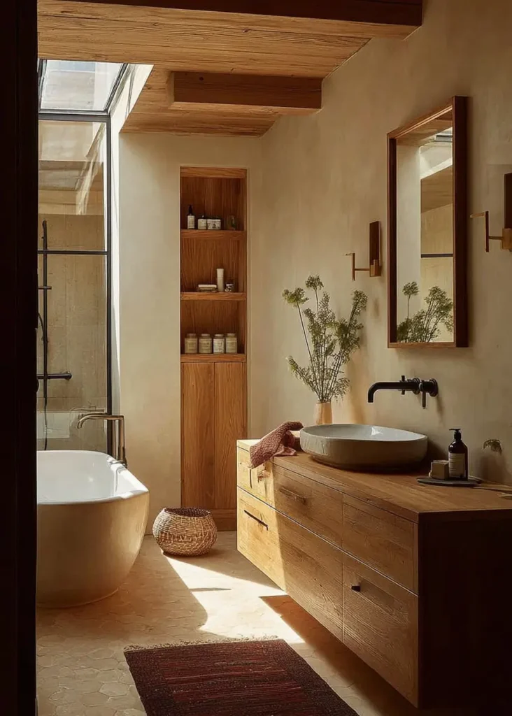 46 Scandinavian Bathroom Design Ideas for a Serene Sanctuary 23 Rustic wood vanity with stone vessel sink and freestanding tub under a skylight in a warm bathroom.