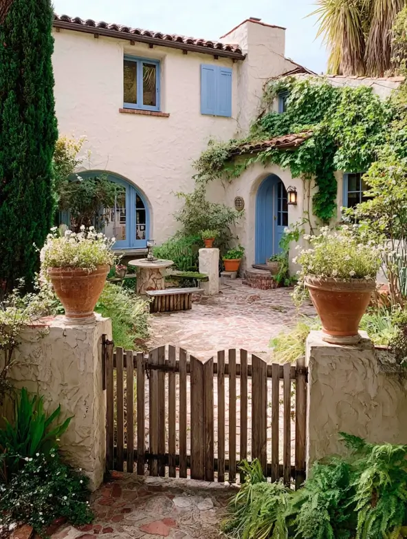38 Small Mediterranean-Style Homes That Define Coastal Charm 23 Gated courtyard of a small Mediterranean home with variegated stone paving, lush greenery, and light blue window trim.