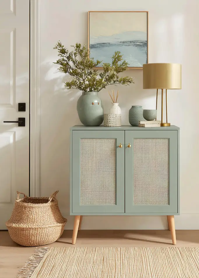 Entryway cabinet painted in a soft, grey-green, with natural cane door fronts and a gold lamp.