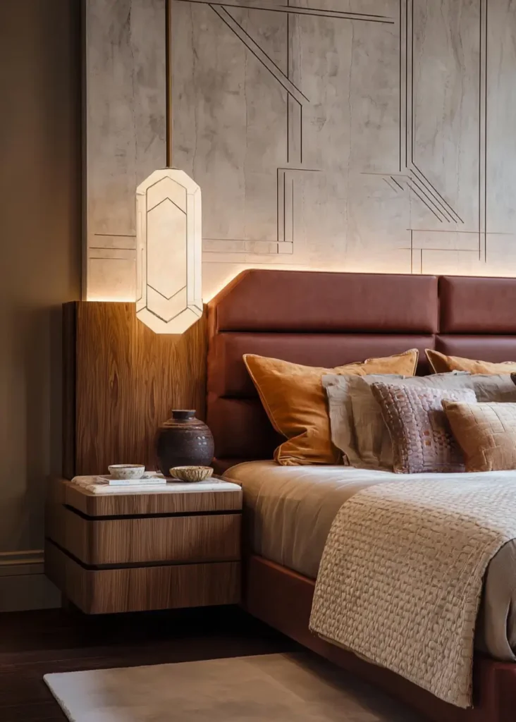 49 Headboard Design Ideas That Instantly Elevate Your Bedroom 24 Cognac leather headboard with integrated backlighting against etched geometric stone wall panel.