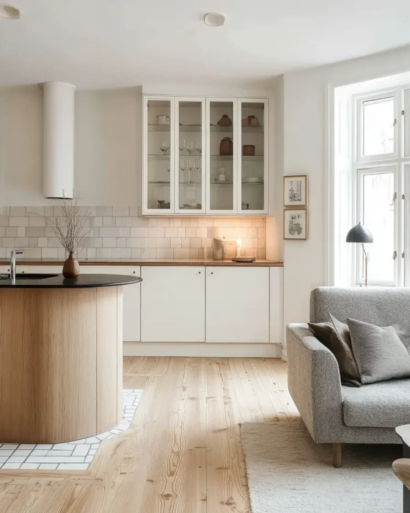 A contemporary Scandinavian kitchen with a curved wood island, white cabinets, and a grey sofa.