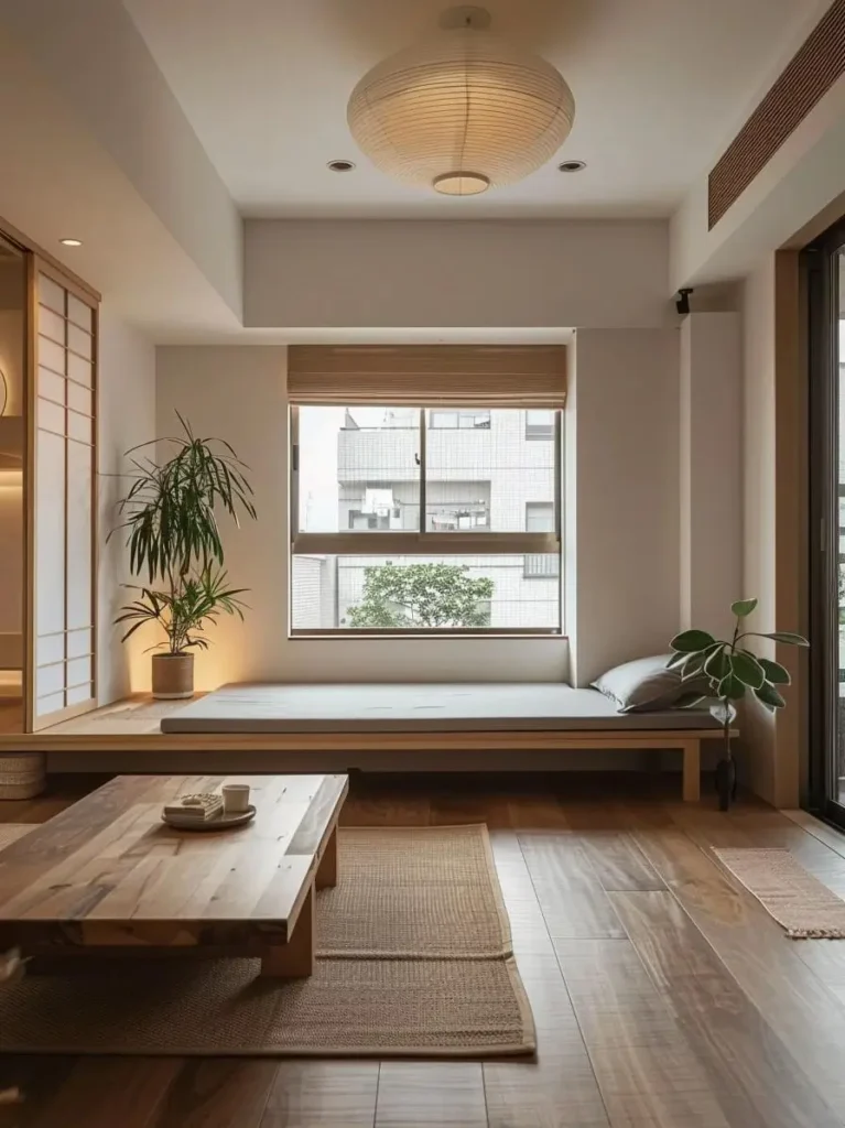 A Japandi living room with a low wood platform daybed, a rustic coffee table, and shoji screens.