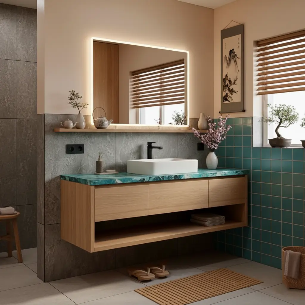 26 Japanese Bathroom Design Ideas for a Serene Home Oasis 24 A Japanese inspired bathroom vanity with teal tiles, a light wood cabinet, a bonsai tree, and a wall scroll.