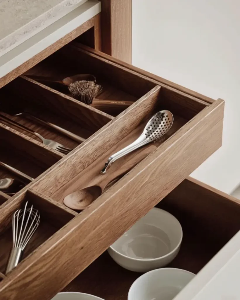 A close-up of an organized wood drawer insert in a Japanese style kitchen holding utensils.