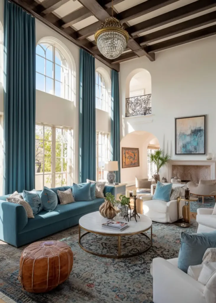 46 Modern Mediterranean Living Room Design Ideas 24 Luxurious Mediterranean living room with floor-to-ceiling teal drapes and crystal chandelier.