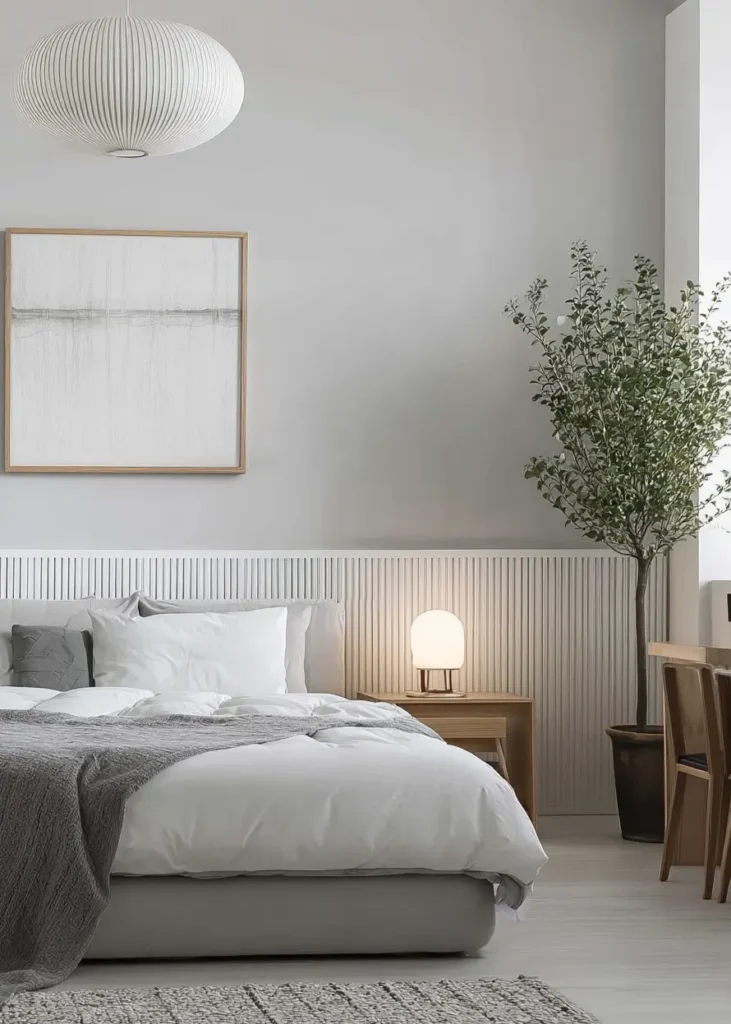 47 Scandinavian Bedroom Interior Design Ideas for a Serene Retreat 24 Minimalist Scandinavian bedroom with pale grey walls, low white vertical paneling, and a large paper pendant light.