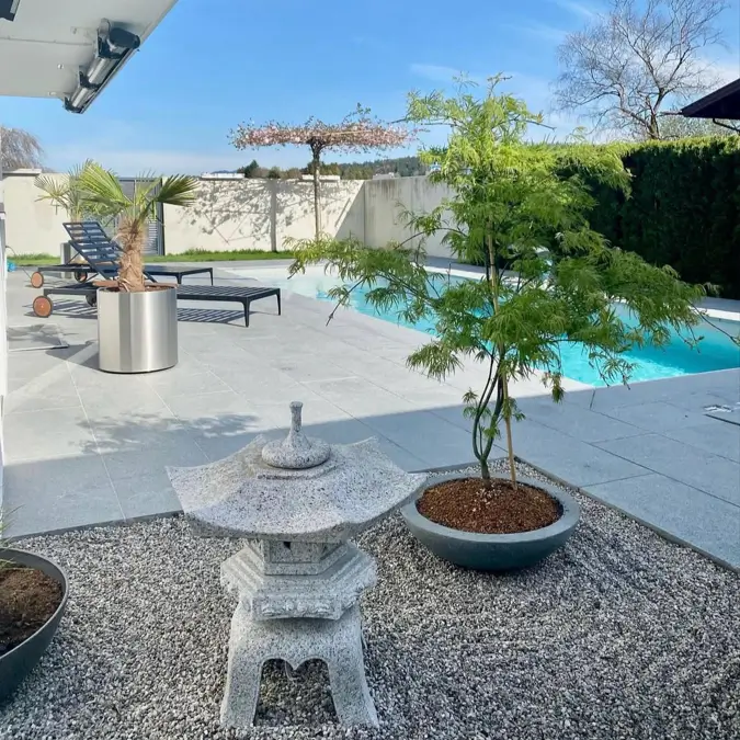 Modern poolside zen garden idea with a stone lantern, gravel, and a potted maple.