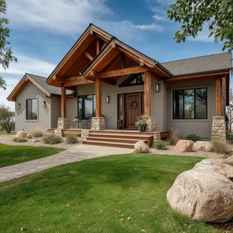 A modern ranch home with gray stucco, a large timber-framed entry, and stone accents.