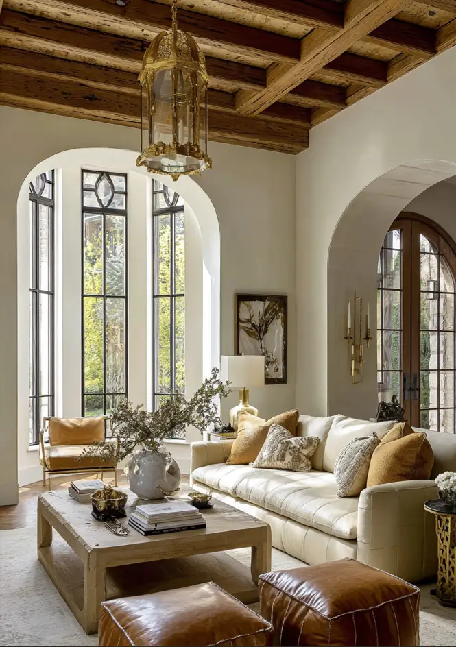 Modern Tudor Interior Design: A Definitive Guide 24 A bright entryway featuring a grand architectural arch, warm white walls, and a plush cream sofa.