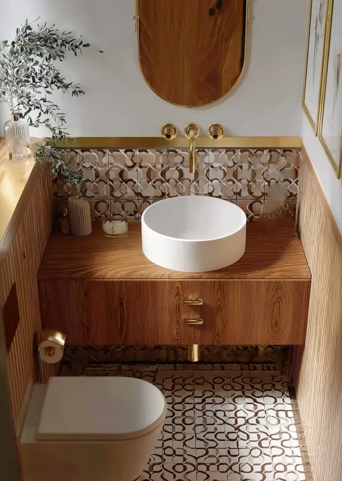 43 Mid Century Modern Small Bathroom Ideas for a Timeless Oasis (2025) 24 Patterned tiles and vertical wood slats with white vessel sink in a small retro bathroom.