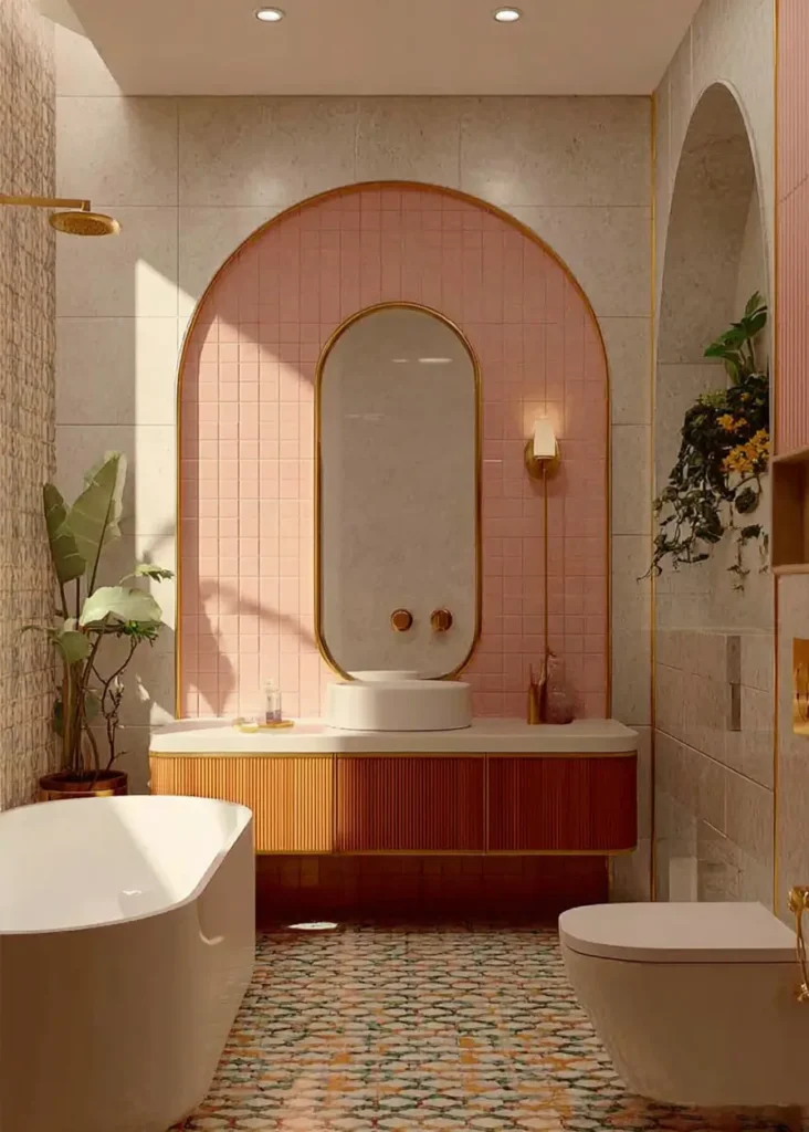 46 Scandinavian Bathroom Design Ideas for a Serene Sanctuary 24 Pink tiled archway with gold trim and reeded vanity in a colorful Scandinavian bathroom.