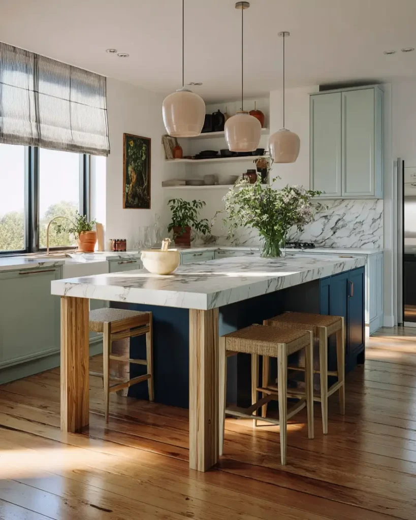 Scandinavian kitchen interior design featuring mint green cabinets and marble island.
