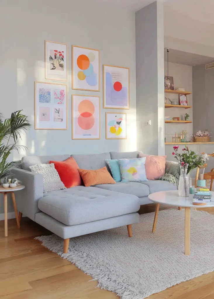 35 Scandinavian Living Room Ideas for a Cozy, Minimalist Home 24 Colorful gallery wall with abstract art above a light grey sofa in a bright Scandinavian living room.