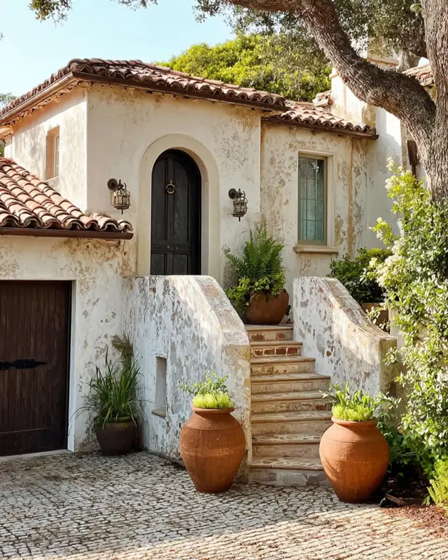 38 Small Mediterranean-Style Homes That Define Coastal Charm 24 Weathered white stucco small Mediterranean home with an arched door, grand terracotta pots, and a cobblestone drive.