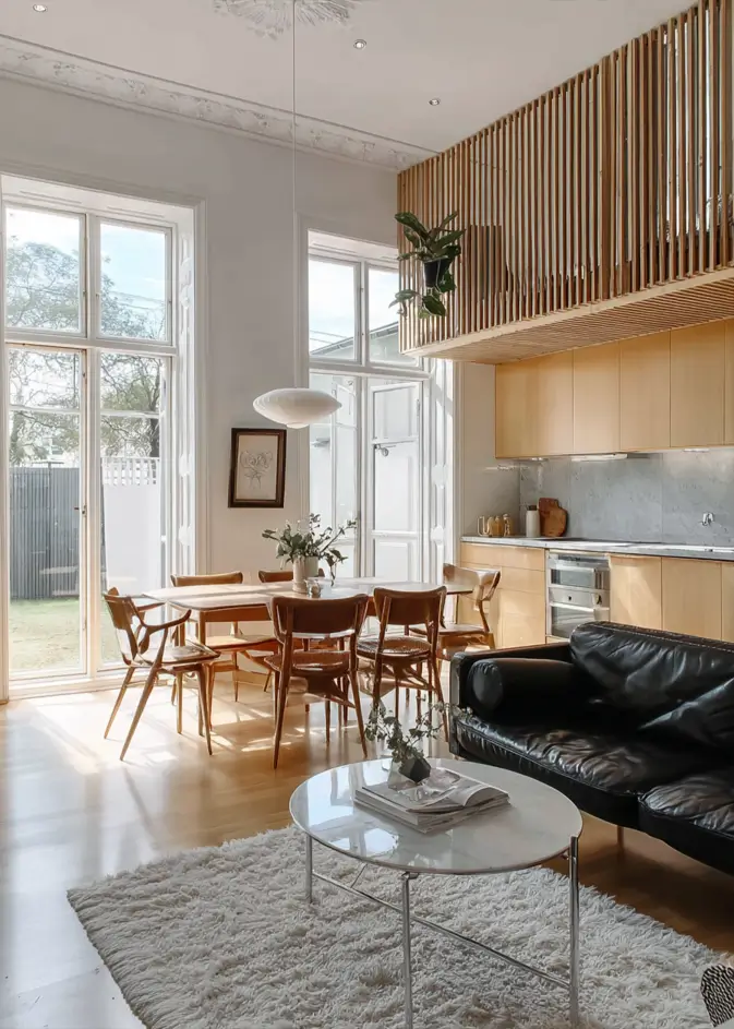 A contemporary Scandinavian open-plan room with high ceilings, ornate molding, a wood mezzanine, and a black leather sofa.