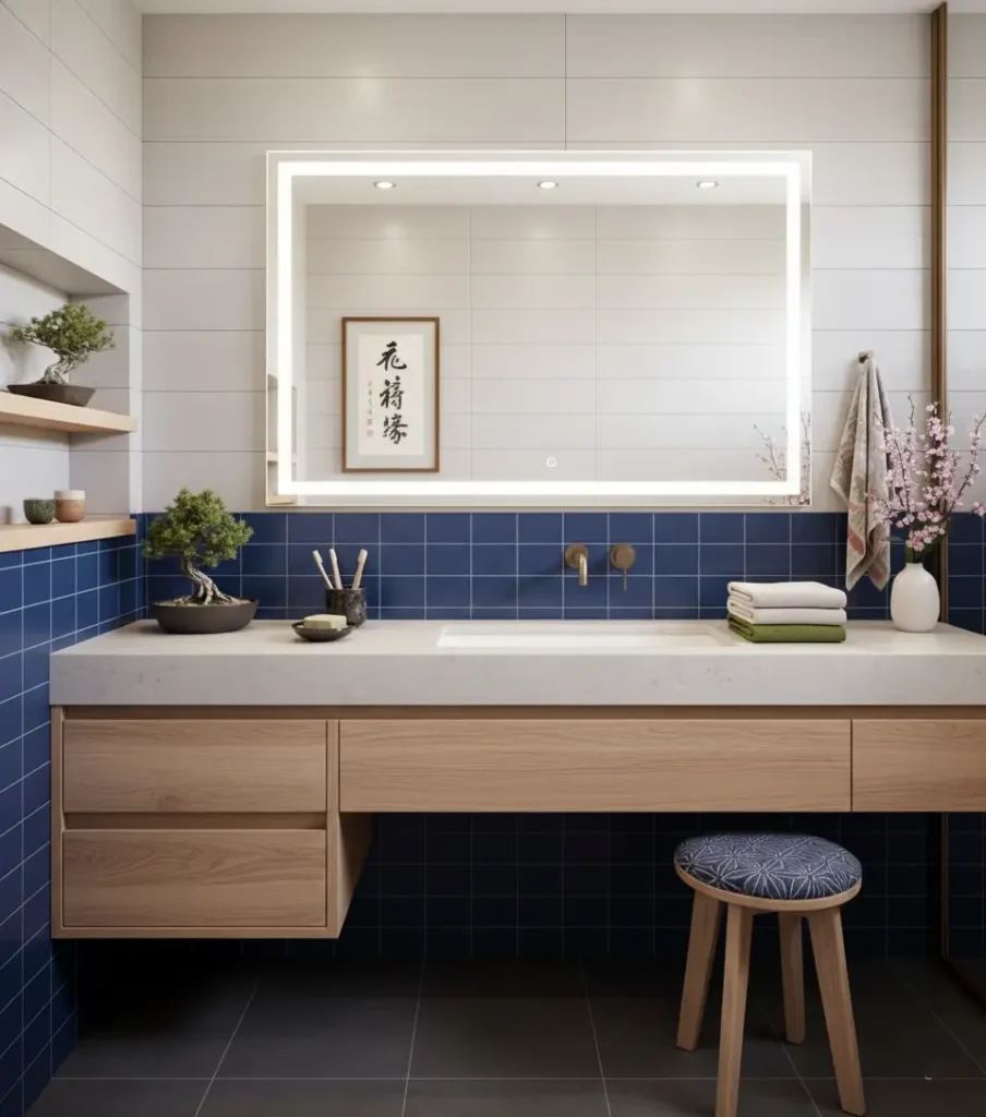 26 Japanese Bathroom Design Ideas for a Serene Home Oasis 25 A Japanese inspired vanity with a cobalt blue tile wall, light wood cabinet, and bonsai trees.