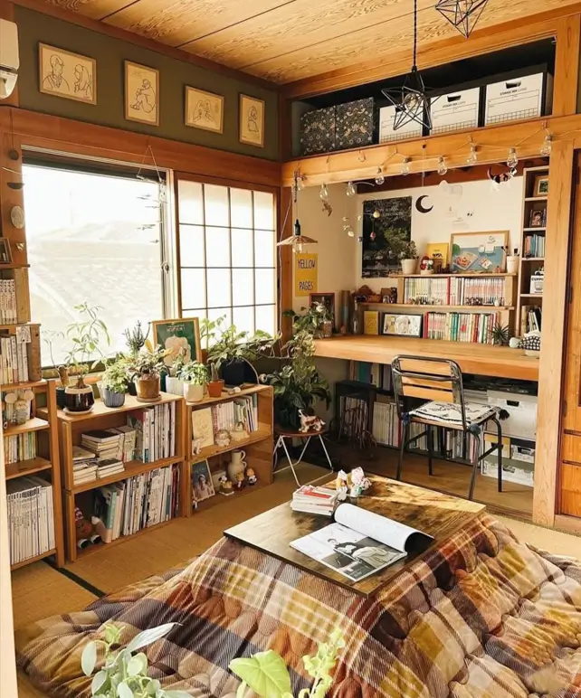 A cozy Japanese tatami room with a kotatsu table, bookshelves, and many personal items.