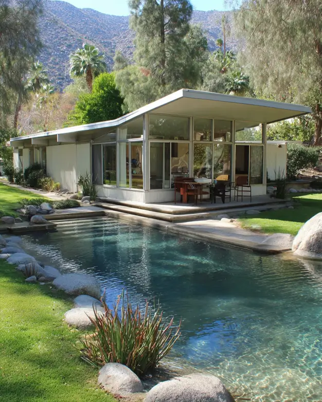 37 Mid Century Modern House Exteriors to Inspire Your Renovation 25 A mid century modern house exterior with glass walls and a lagoon-style pool set against a mountain backdrop.