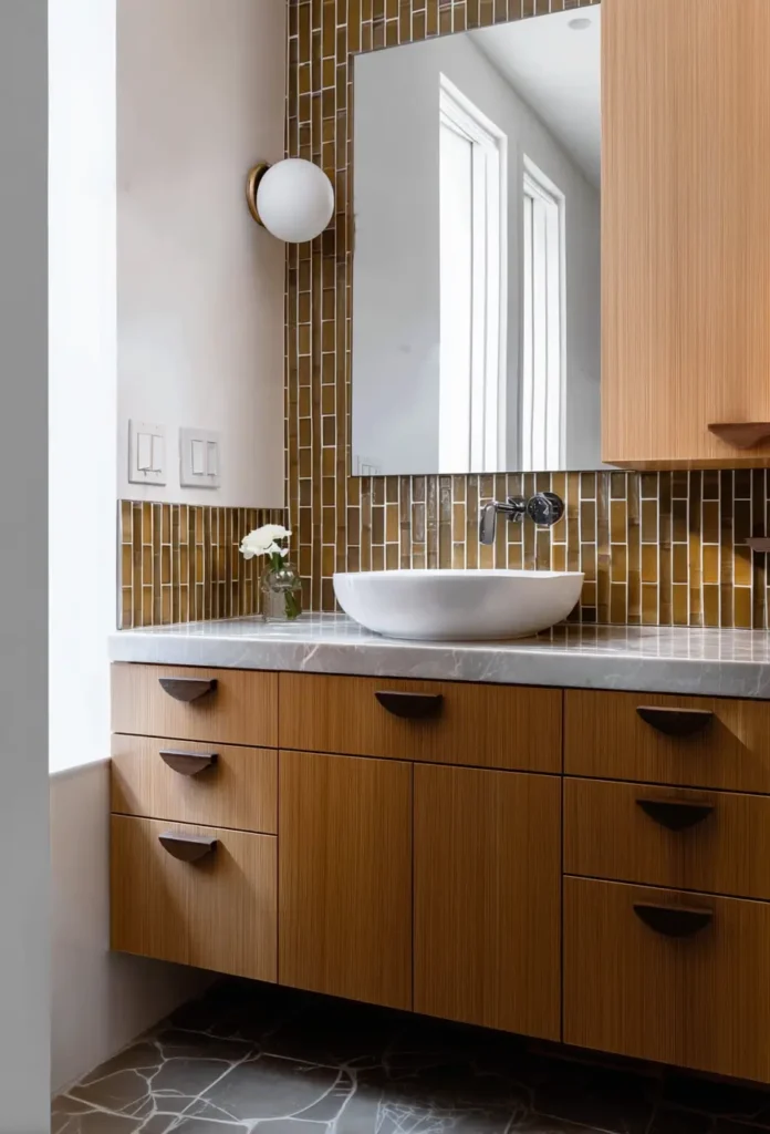 43 Mid Century Modern Small Bathroom Ideas for a Timeless Oasis (2025) 25 Custom wood vanity with white vessel sink and amber vertical glass tiles.