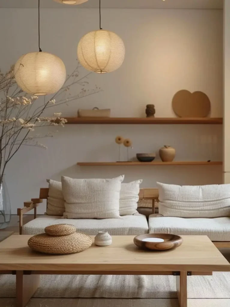 A close-up of a Japandi sofa with textured pillows, paper lanterns, and wabi-sabi ceramics on shelves.
