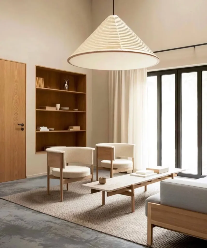 Modern living room with shoji-inspired screen dividers and a low-profile beige sofa.