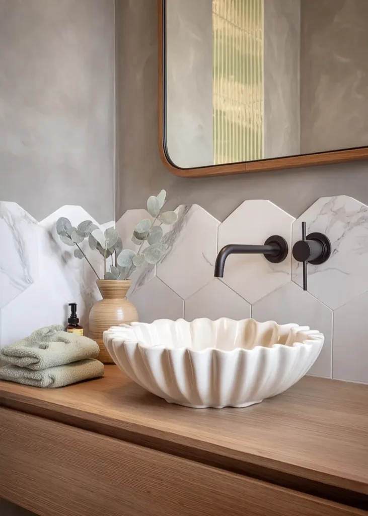 46 Scandinavian Bathroom Design Ideas for a Serene Sanctuary 25 White fluted vessel sink on wood vanity with hexagonal marble backsplash and black faucet.