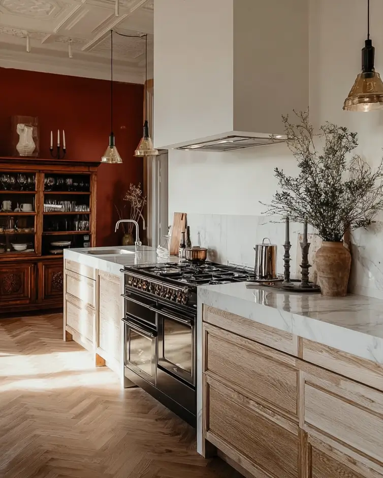 Scandinavian kitchen interior design featuring coffered ceiling and deep red walls.