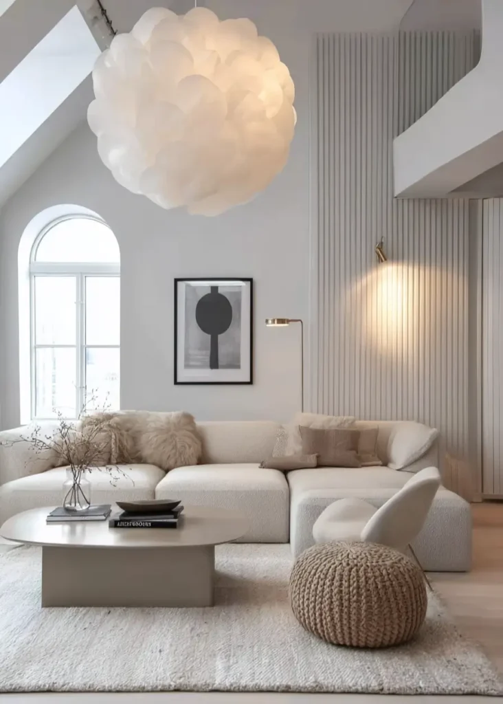 35 Scandinavian Living Room Ideas for a Cozy, Minimalist Home 25 Large statement sculptural cloud pendant light hanging in a high-ceiling Scandinavian living room with cream sofa.