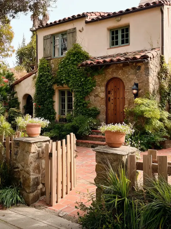 38 Small Mediterranean-Style Homes That Define Coastal Charm 25 Small Mediterranean house design featuring stone cladding, smooth stucco, terracotta roof, and soft sage green shutters.