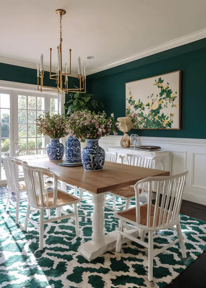 Elegant dining room with deep green upper walls, crisp white wainscoting, and a green patterned rug.
