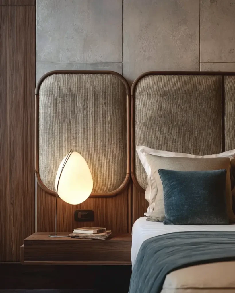 49 Headboard Design Ideas That Instantly Elevate Your Bedroom 25 Walnut framed woven fabric headboard with rounded corners against grey stone wall with floating nightstand.