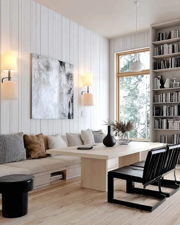 A contemporary Scandinavian dining nook with white paneled walls, a built-in bench, a full-wall bookshelf, and black chairs.