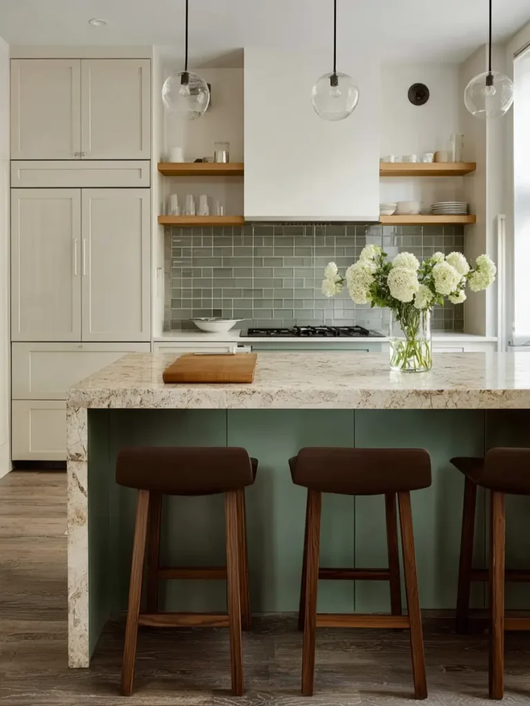 Contemporary Scandinavian kitchen featuring stone waterfall island and sage green cabinets.