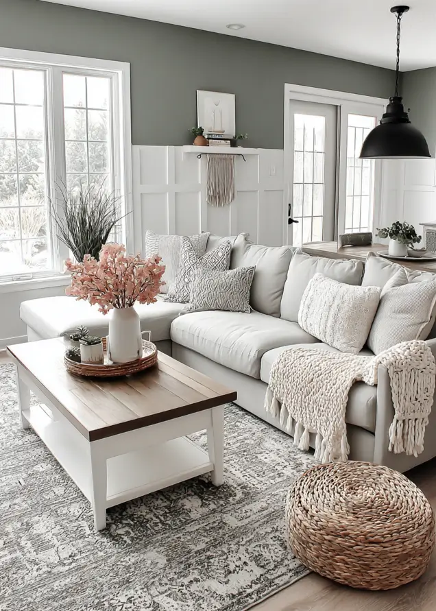Farmhouse living room with earthy grey-green paint above white board-and-batten paneling and a light grey sectional.