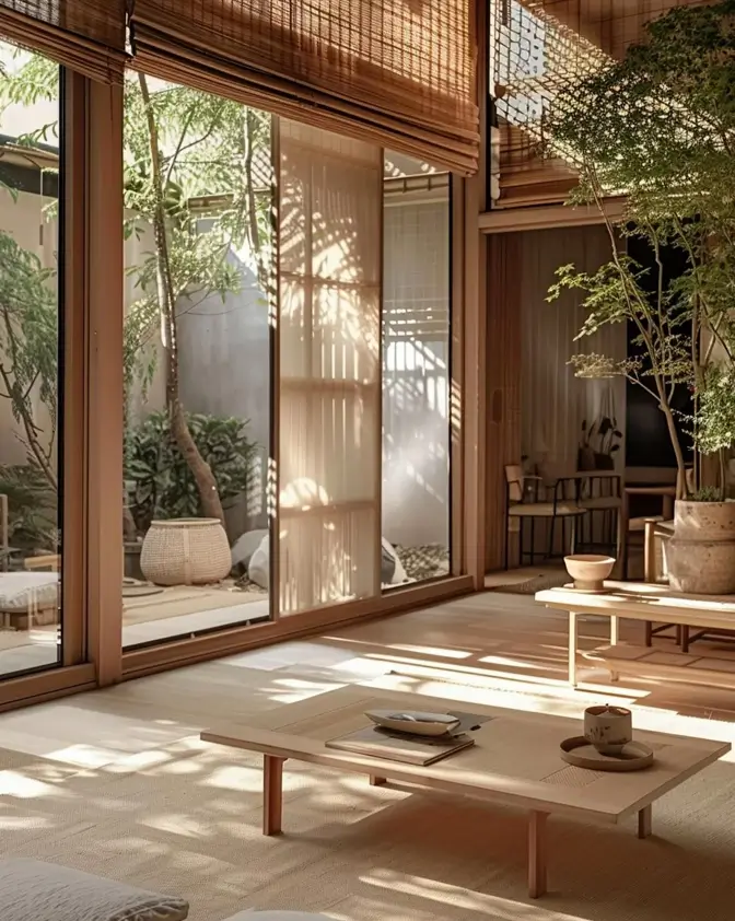 A sunlit Japandi room opening onto a courtyard with reed blinds and a low wooden table.