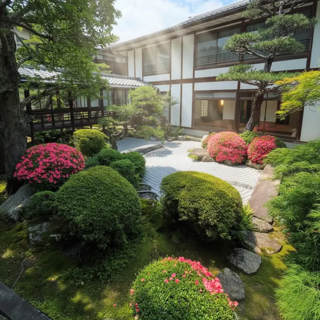 Japanese zen garden design with raked gravel and bright pink azalea bushes in bloom.