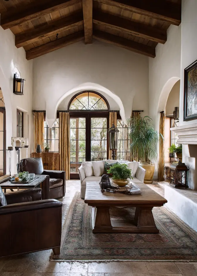 46 Modern Mediterranean Living Room Design Ideas 26 Masculine Mediterranean living room design with dark chocolate leather armchairs.