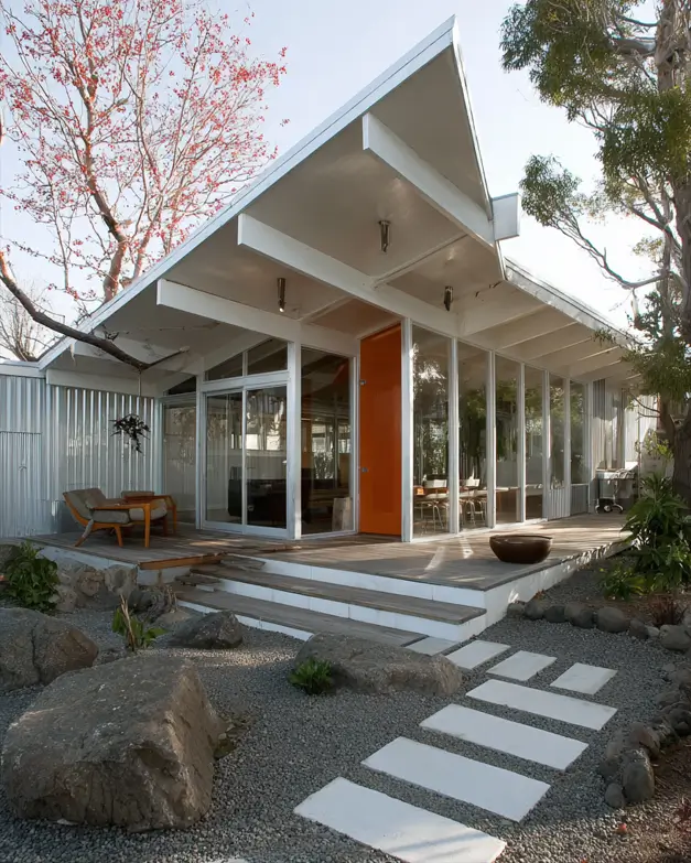 37 Mid Century Modern House Exteriors to Inspire Your Renovation 26 A mid century modern house exterior with a pitched roof, corrugated metal siding, and an orange front door.