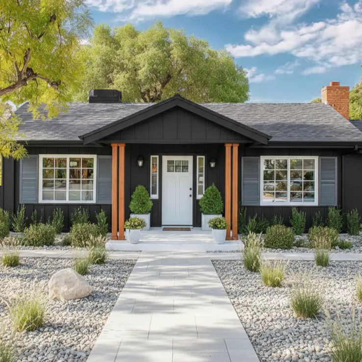A modern ranch home with bold black siding, natural wood posts, and a white door.
