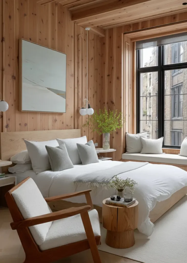 47 Scandinavian Bedroom Interior Design Ideas for a Serene Retreat 26 Modern Scandinavian bedroom featuring floor-to-ceiling light wood paneling, a large black window, and white bedding.